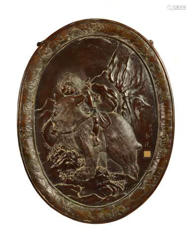 An Oval Japanese Bronze Plaque