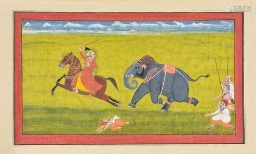 Maharana Ari Singh fleeing from an elephant running amok