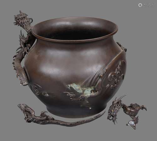 A Japanese Bronze Vase or Jardiniere of bulbous form with broad mouth