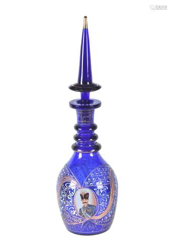 A Bohemian large blue-stained glass decanter and stopper