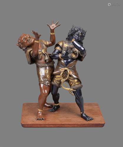 An Unusual Miya-O Style Group depicting a bronze Oni and its companion in shakudo