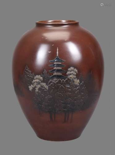 A Japanese Bronze Vase of ovoid form with short neck and broad mouth