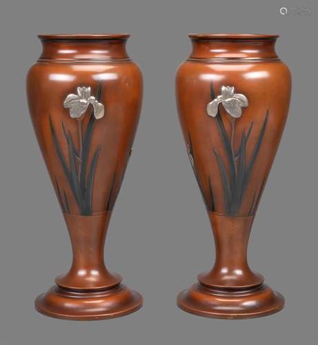 A Pair of Japanese Copper Bronze Vases each of elongated