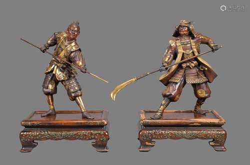 Gyokko: Two Japanese Parcel Gilt Bronze Figures of Warriors