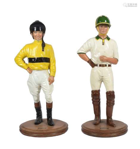 A companion pair of painted composition models of equestrians