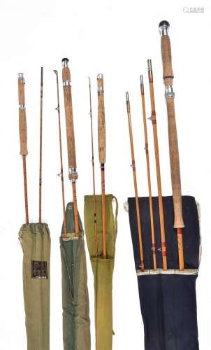 Hardy Bros, Alnwick; four various Palakona split-cane fishing rods