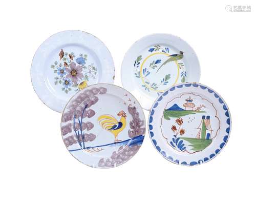 Four various English delft polychrome plates