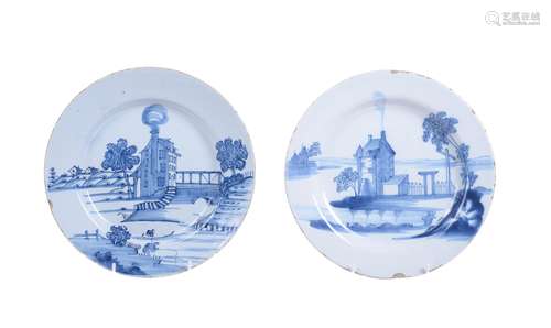 Two similar English delft blue and white plates