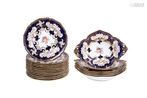 A Royal Crown Derby blue-ground and gilt part dessert service painted with flowers