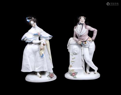 A pair of Meissen figures of 'The Biedermeierdame' and 'Geck'