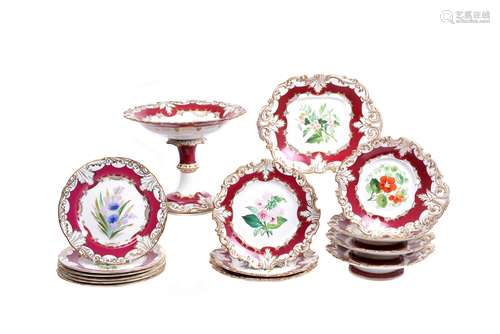 A Ridgway porcelain claret-ground and gilt 'Rococo revival' part dessert service