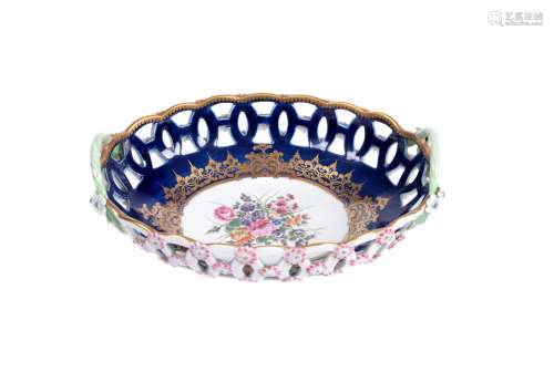 A Worcester blue-ground and gilt pierced-oval two-handled basket