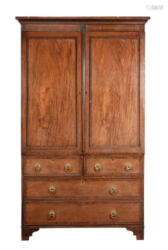 A Regency mahogany and brass inlaid linen press