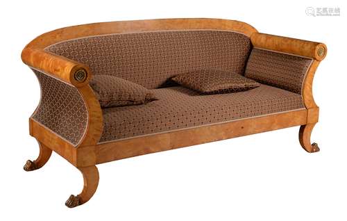 A maple and upholstered sofa