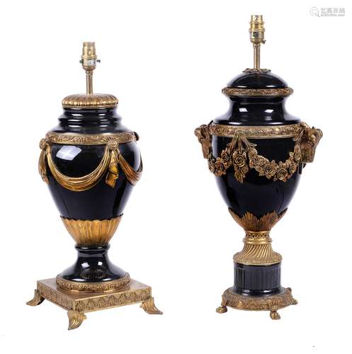 A black glaze ceramic and gilt metal mounted table lamp in Louis XVI taste