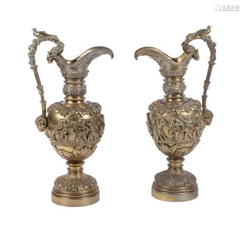 A pair of French gilt bronze ewers in Renaissance Revival taste