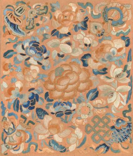 A pair of embroidered rust silk panels from a Han Chinese skirt