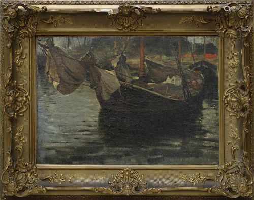 Bauck, Jeanna (Stockholm 1840 - 1926 München), Uferpartie mit angelegtem Segelboot, Öl auf Leinwand,