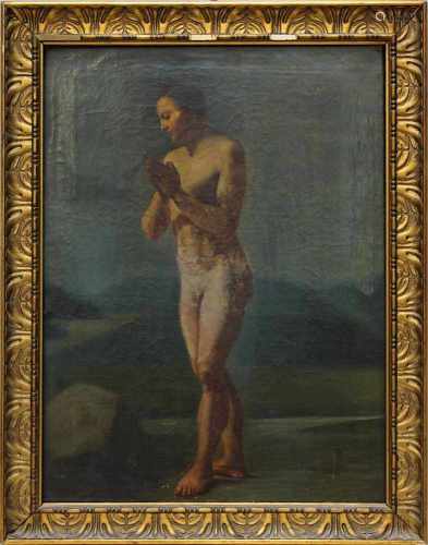 Religiöser Maler Anfang 19. Jh., stehender männlicher Akt vor weiter Landschaft, als Adorant, Öl auf