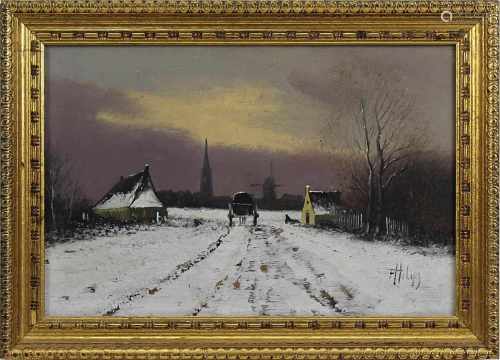 Philips (?) (Maler Mitte 20. Jh.) Winterliche Landschaft vor einer Kleinstadt in der Abenddämmerung,