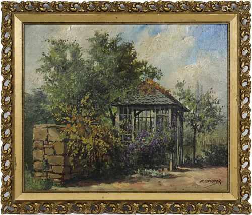 Beumer, M. (?) (Künstler, Anfang 20. Jh.) Partie mit Gartenmauer und Gartenhaus, Öl auf Karton,