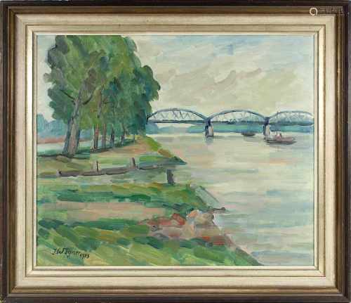 J. Wagner (Pfälzer Künstler 2. H. 20. Jh.), Blick auf den Rhein mit einer eisernen Brücke, Öl auf