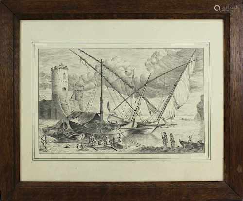 Zeichner Anfang 20. Jh., Fischer mit ihren Booten am Strand vor Burgruine an der See, Bleistift- und
