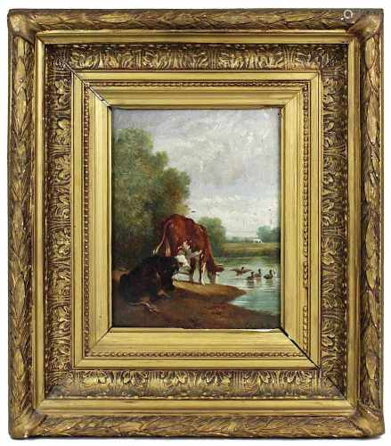 Tiermaler 19. Jh., Landschaft mit Kühen und Enten an einem Gewässer, Öl auf Leinwand, re. unt.