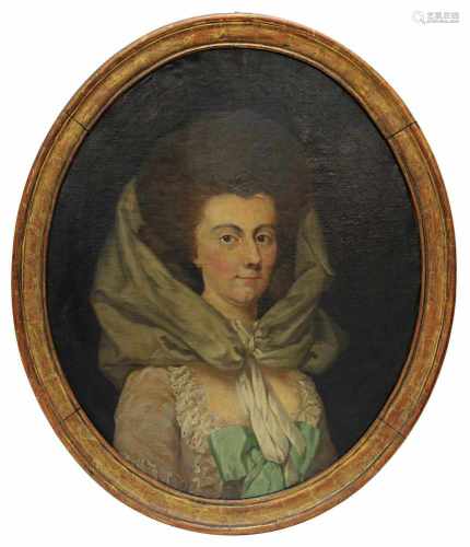 Porträtmaler Frankreich 18. Jh., Schulterstück einer Dame der Gesellschaft mit spitzenbesetztem