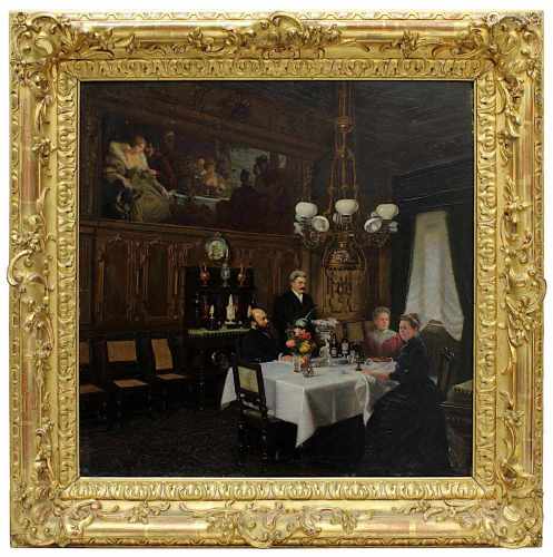 Prüsse, K. (Interieur- u. Gesellschaftsmaler um 1900), drei Personen mit Buttler in großbürgerlichem