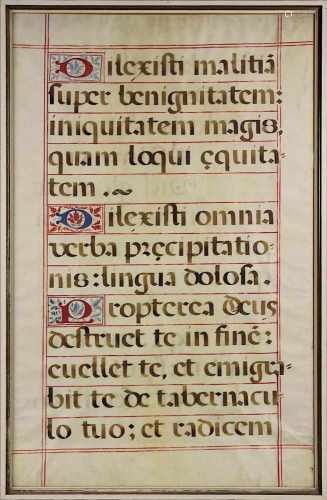 Großes Blatt aus einem Antiphonar, 16. Jh., Pergament mit dreizehn Zeilen in roter Rahmung, mit drei
