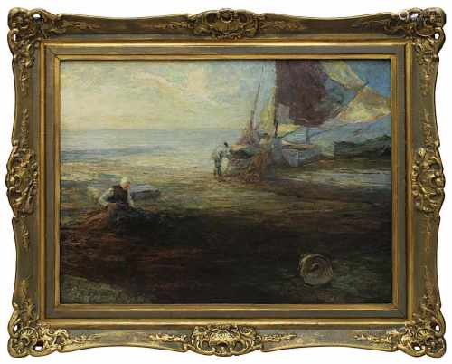 Marinemaler 1. H. 20. Jh., Meeresufer mit Fischern u. ihren Netzen an einem Seegelboot, Öl auf Holz,