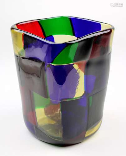 Pezzato - Murano-Vase, vierwandige Vase mit aus verschiedenfarbigen aneinandergesetzten und