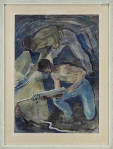 Eberle, Richard (Altenwald 1918 - 2001 Saarbrücken), zwei Bergleute unter Tage, Aquarell, rechts