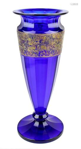 Moser Art Déco-Vase, um 1920, trichterförmiger Korpus aus durchgefärbtem, dunkelblauem Glas,
