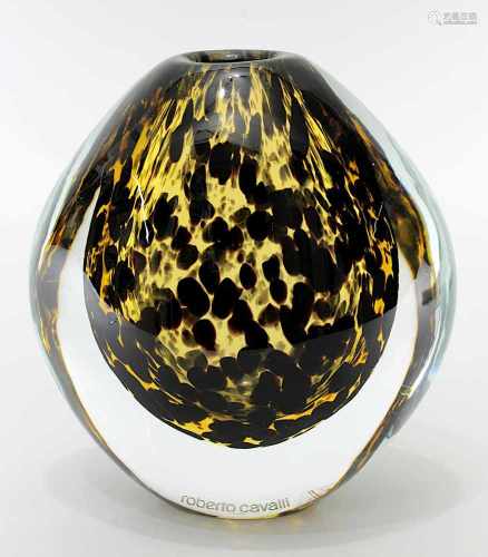 Roberto Cavalli Murano-Glasvase, elliptischer, schwerer Klarglaskörper, innen mit braunem