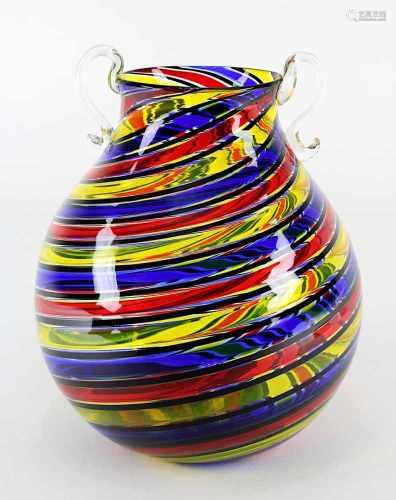 Murano Glasvase Elli Toso, mit spiralig angeordneten gelben, roten und blauen Glasfäden, an