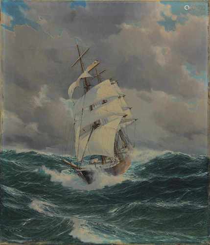 Tutt, Alf (Marinemaler 20. Jh.),Dreimaster in stark bewegter See, Öl auf Leinwand, li. unt.