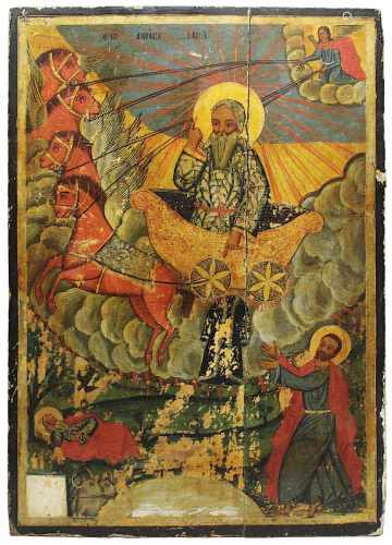 Monumentale Ikone Russland 18. Jh., mit Szenen aus dem Leben des Propheten Elias, unter anderem