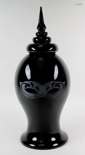 Murano Glas-Deckelvase Luxury Glass Murano, Vetreria Formia, Kristall-Klarglas mit schwarzem