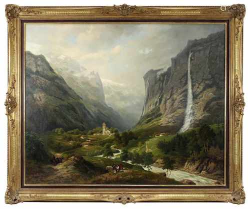 Ernst (Gebirgsmaler), Alpenlandschaft mit Wasserfällen, Kirche und Personenstaffage, Ende 19.
