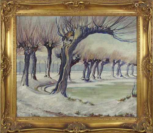 Mund, H.E. (Landschaftsmaler 1. H. 20. Jh.), verschneite Landschaft mit Kopfweiden u. Gewässer, 51 x