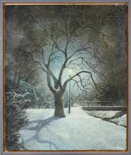 Reiher, Stefan (geb. Illingen 1958), verschneite Brücke und Baum im Laternenschein, Öl auf Leinwand,