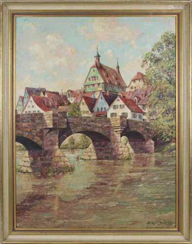 Bär, Alfred (deutscher Maler Mitte 20. Jh.), Blick wohl auf Rothenburg über die Tauber hinweg, Öl