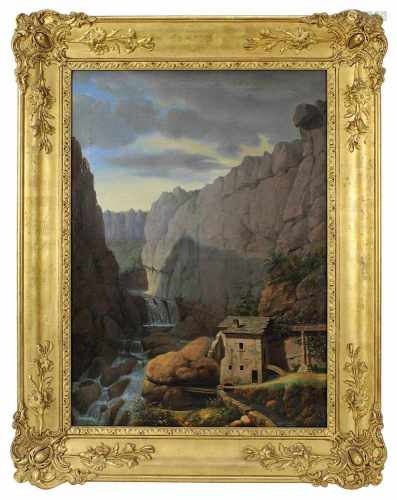 Landschaftsmaler, 1. H. 19. Jh., Schlucht mit Gebirgsbach und Mühlengebäude, Öl auf Leinwand,