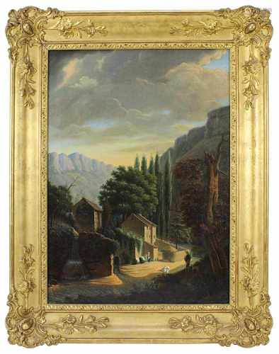 Landschaftsmaler, 1. H. 19. Jh., Gebirgslandschaft mit Wasserlauf, Gehöft und Personenstaffage, Öl
