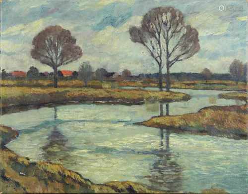 Maginn (?) (frz. Spätimpressionist), Flusslandschaft mit Bäumen und Häuserstaffage, Frankreich 1920,
