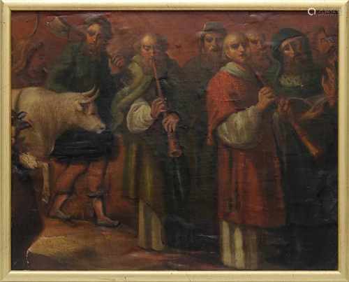 Altmeister Anfang 19. Jh., Opferzug mit Kalb, Öl auf Leinwand, auf Holzplatte geklebt, in dünnem