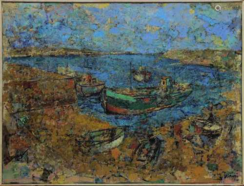 Vitalis, Macario (Lapog, Philippinen 1898 - 1990), Bucht mit Booten in der Bretagne, Öl auf