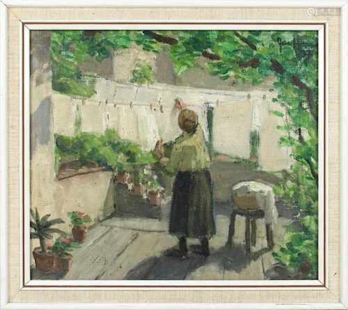 Happ, Jakob (Frankfurt 1861 - 1936 Frankfurt), Frau an der Wäscheleine im sonnenbeschienen Hof ihres